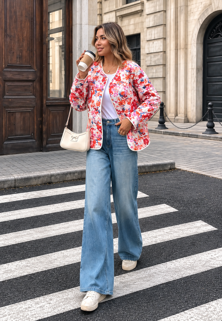 Florale Damen-Steppjacke mit vorderen Taschen und Einfassungen - Renate