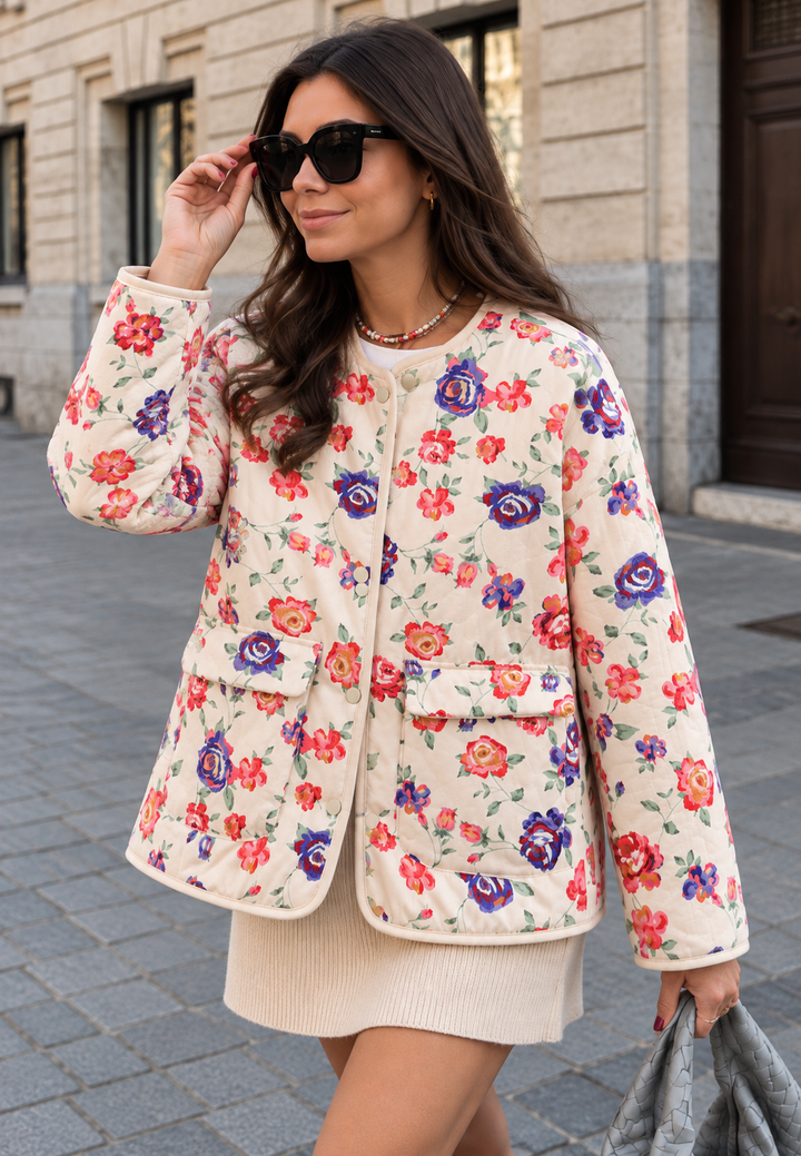 Damen Steppjacke mit Blumenmuster, Rautensteppung und Knöpfen vorne - Elizabeth