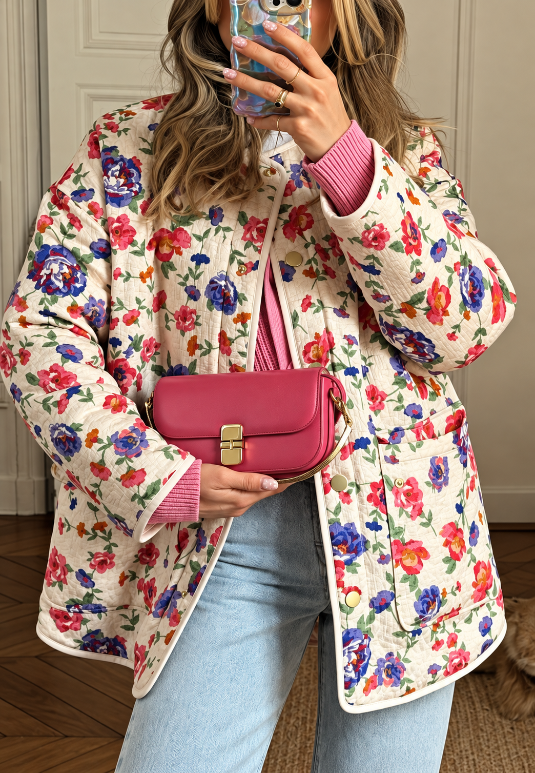 Damen Steppjacke mit Blumenmuster, Rautensteppung und Knöpfen vorne - Elizabeth