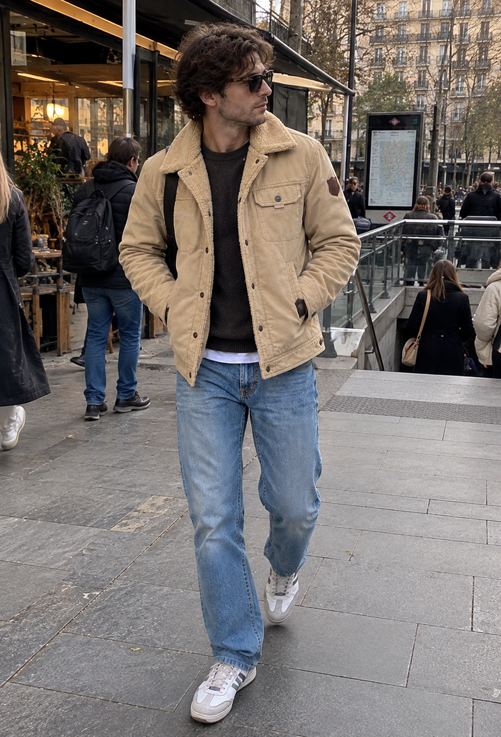 Herrenjacke mit Teddykragen, flauschiger Innenseite und Knopfverschluss - Néstor