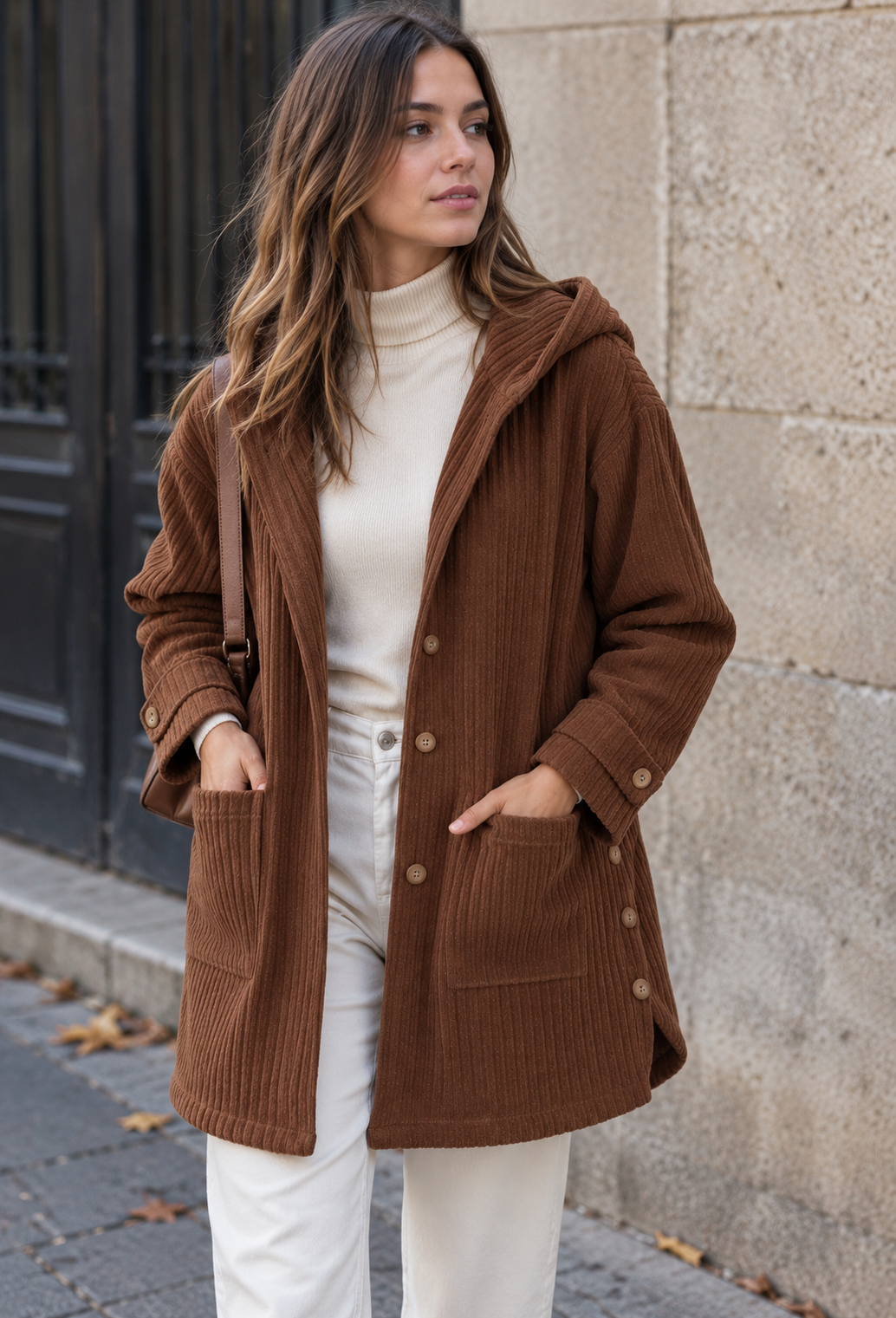 Lange Cordjacke für Damen mit Kapuze und Knopfleiste – Coralie