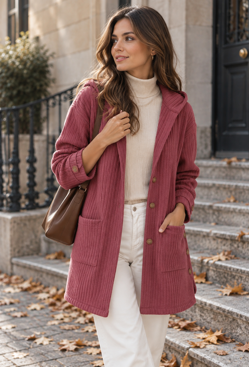 Lange Cordjacke für Damen mit Kapuze und Knopfleiste – Coralie