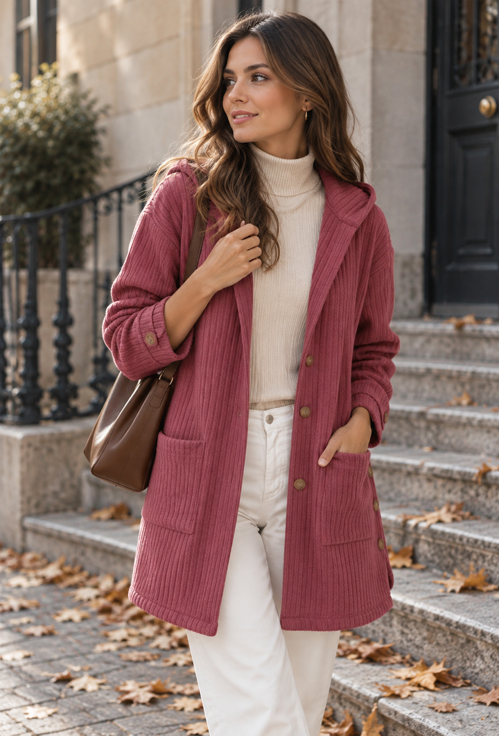 Lange Cordjacke für Damen mit Kapuze und Knopfleiste – Coralie