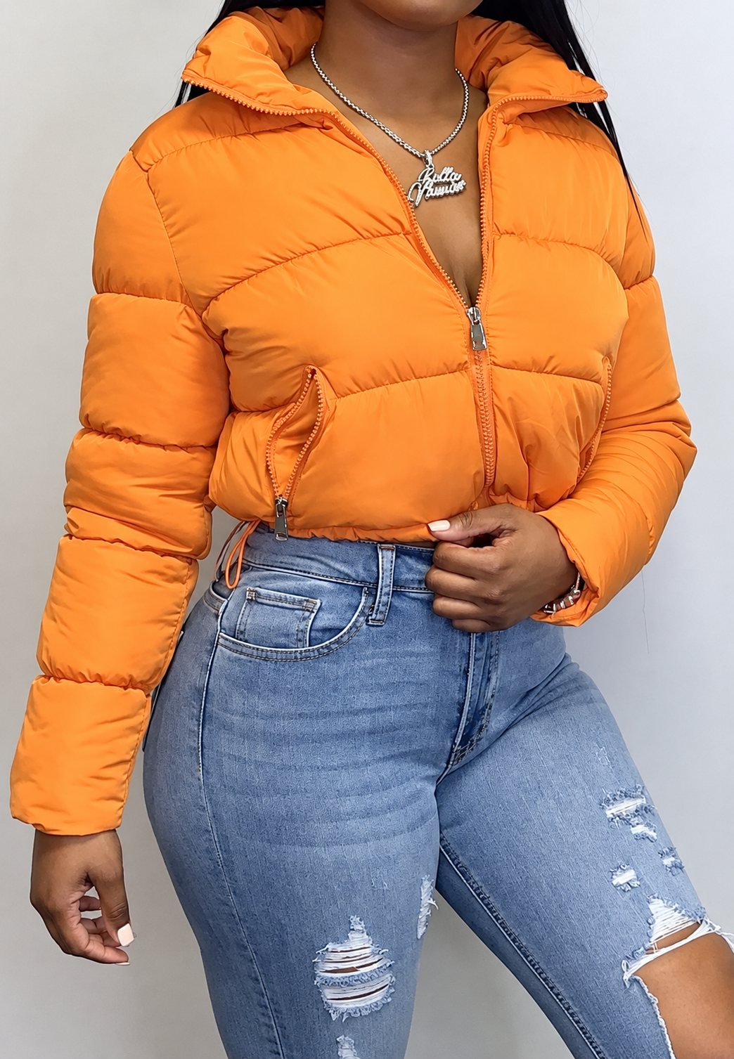 Damen kurze Steppjacke mit Stehkragen und Reißverschluss - Zaira