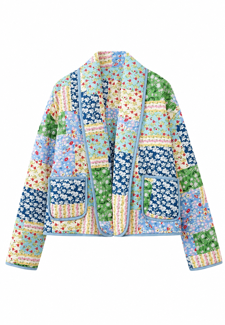 Damen Steppjacke mit Blumenkaros im Patchwork-Stil und Revers - Bettina