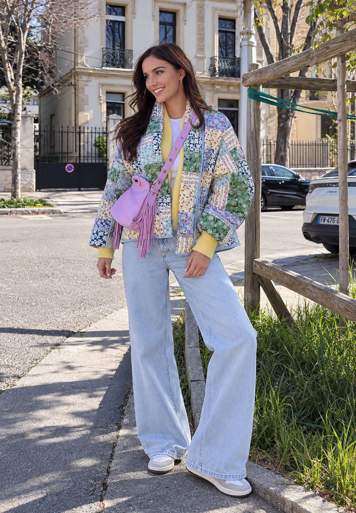 Damen Steppjacke mit Blumenkaros im Patchwork-Stil und Revers - Bettina
