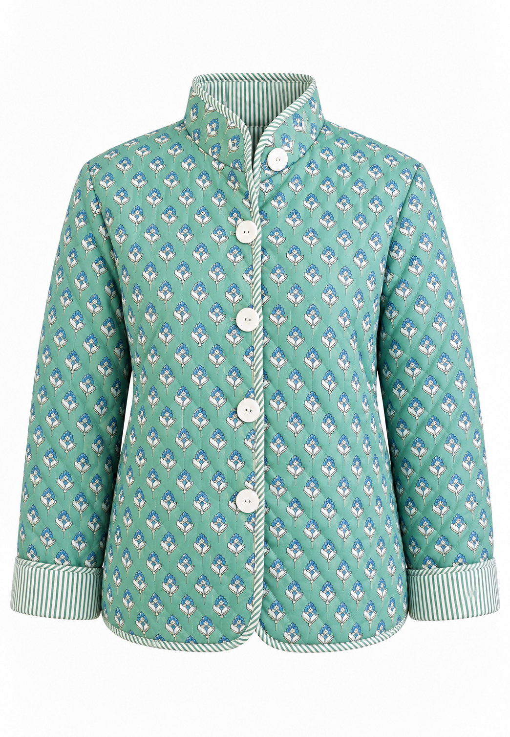 Damen-Steppjacke mit kleinem Blumenmuster, Stehkragen und Knöpfen - Bodil