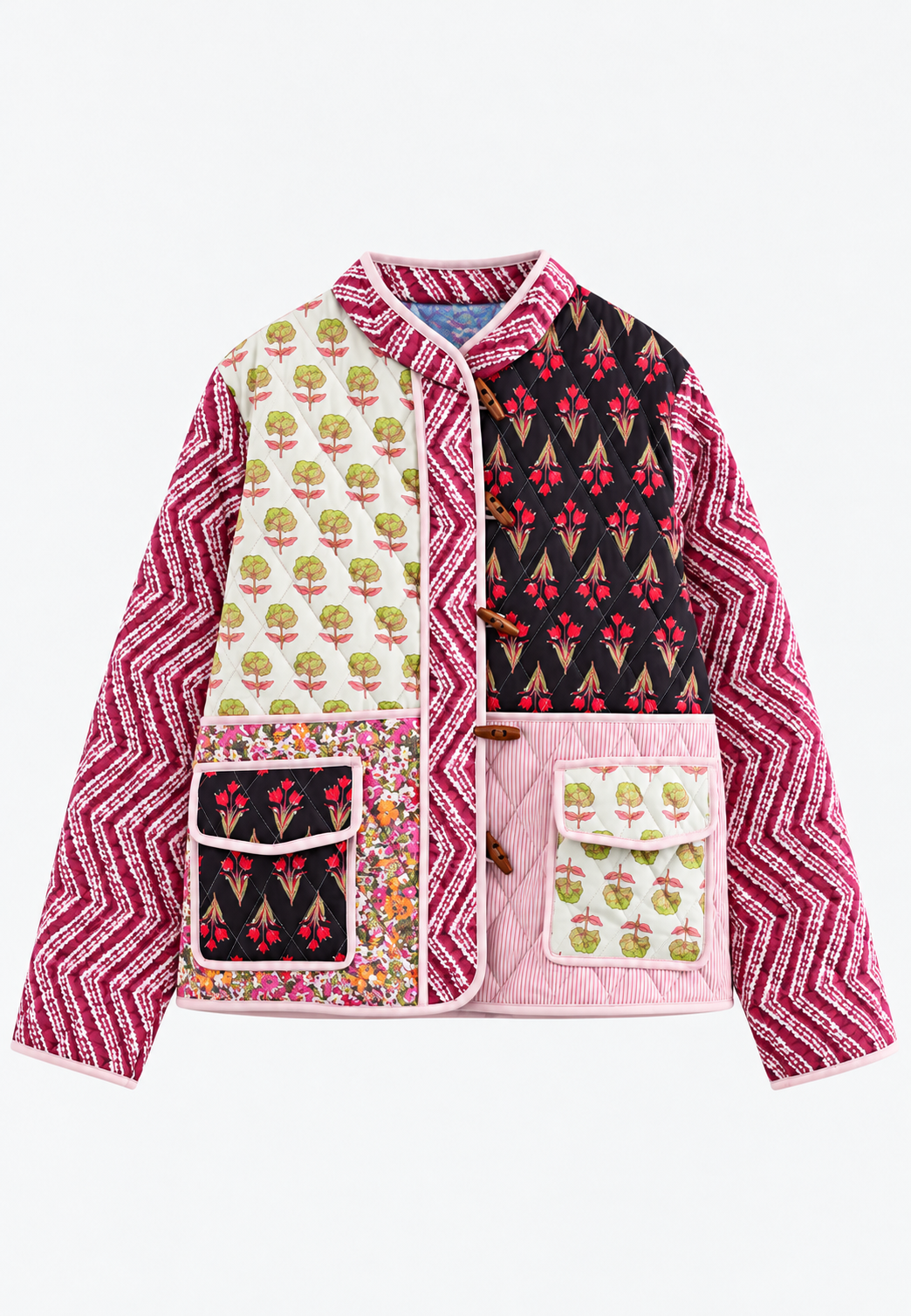 Damen Steppjacke mit Blumenmuster, Zickzack-Ärmeln und Knöpfen - Adriane
