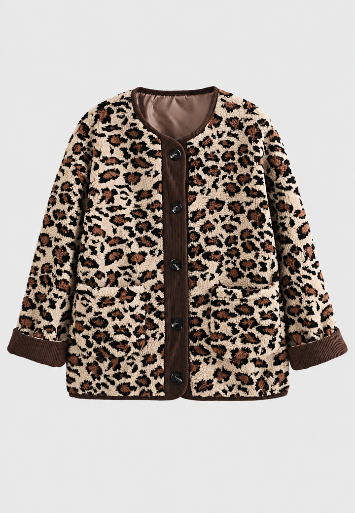 Damenjacke mit Leopardenmuster und kontrastfarbenen Paspeln – Bulera