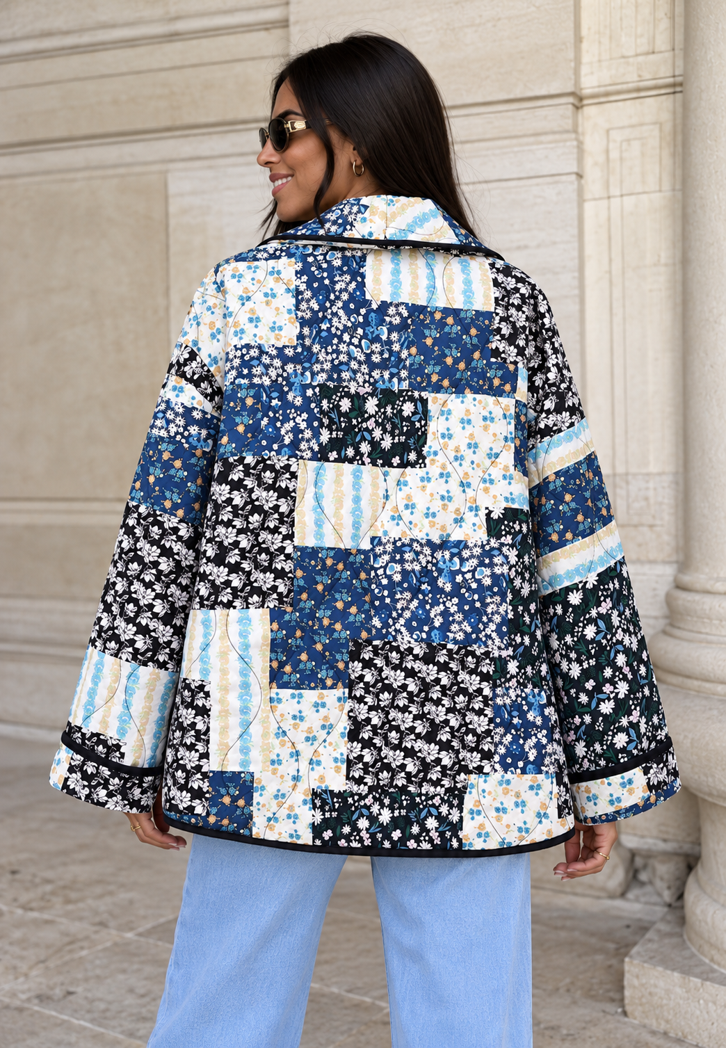 Damen Steppjacke mit Blumenkaros und breitem Revers - Irmela