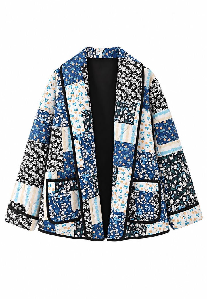 Damen Steppjacke mit Blumenkaros und breitem Revers - Irmela