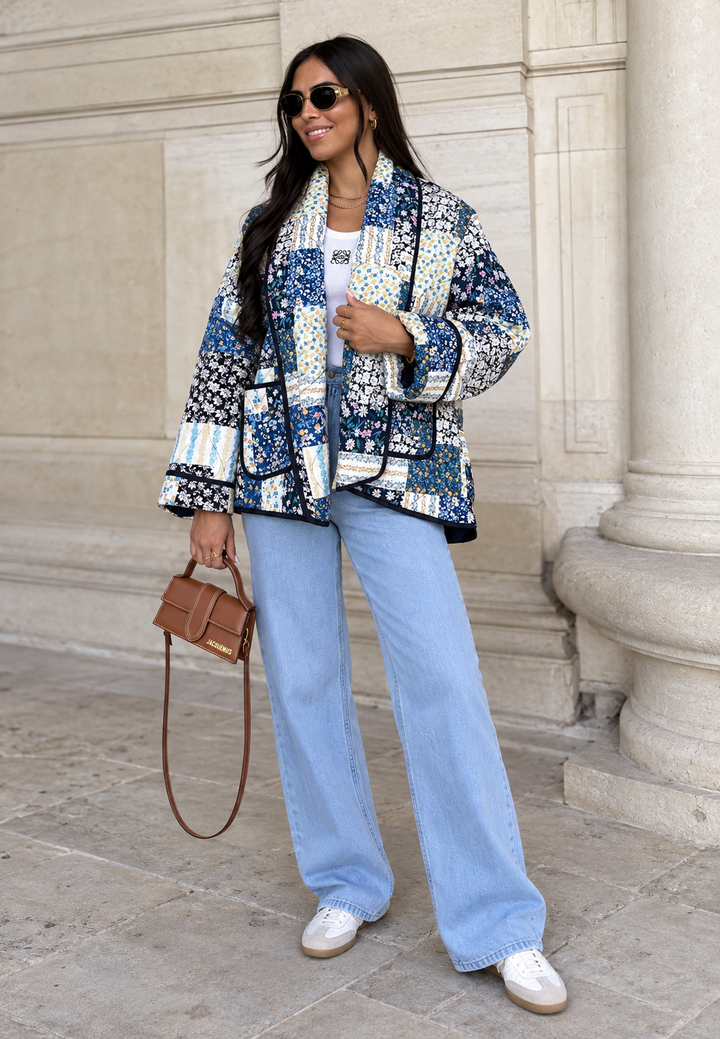 Damen Steppjacke mit Blumenkaros und breitem Revers - Irmela
