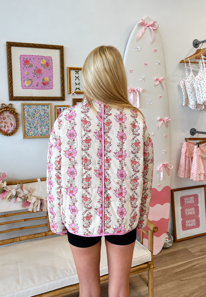 Damen Steppjacke mit Stehkragen, Blumenmuster und Besatz - Ludovica