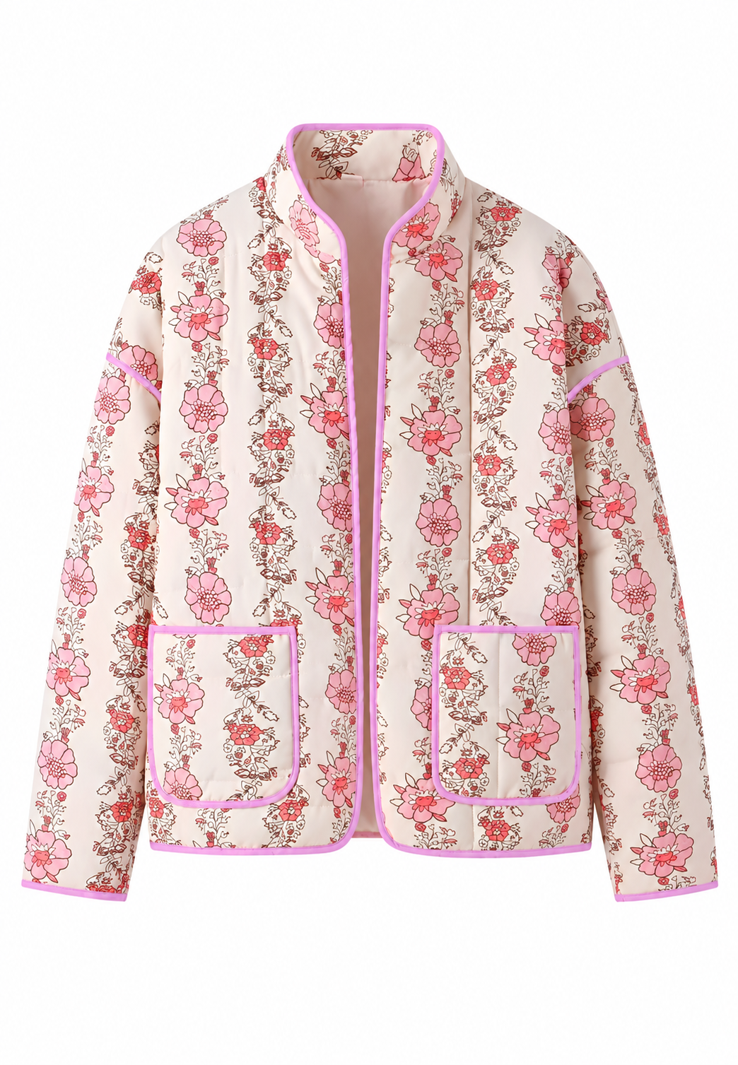 Damen Steppjacke mit Stehkragen, Blumenmuster und Besatz - Ludovica