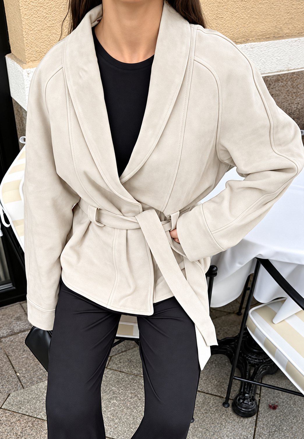 Damen Jacke in Wildleder-Optik mit Gürtel und Stehkragen - Duna