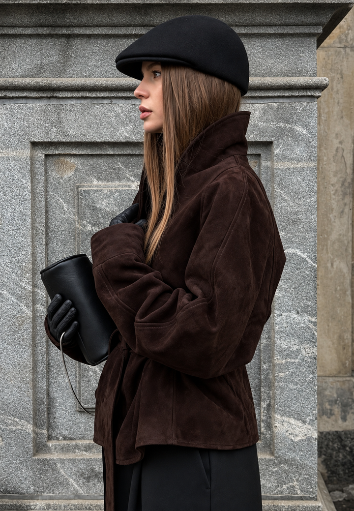 Damen Jacke in Wildleder-Optik mit Gürtel und Stehkragen - Duna