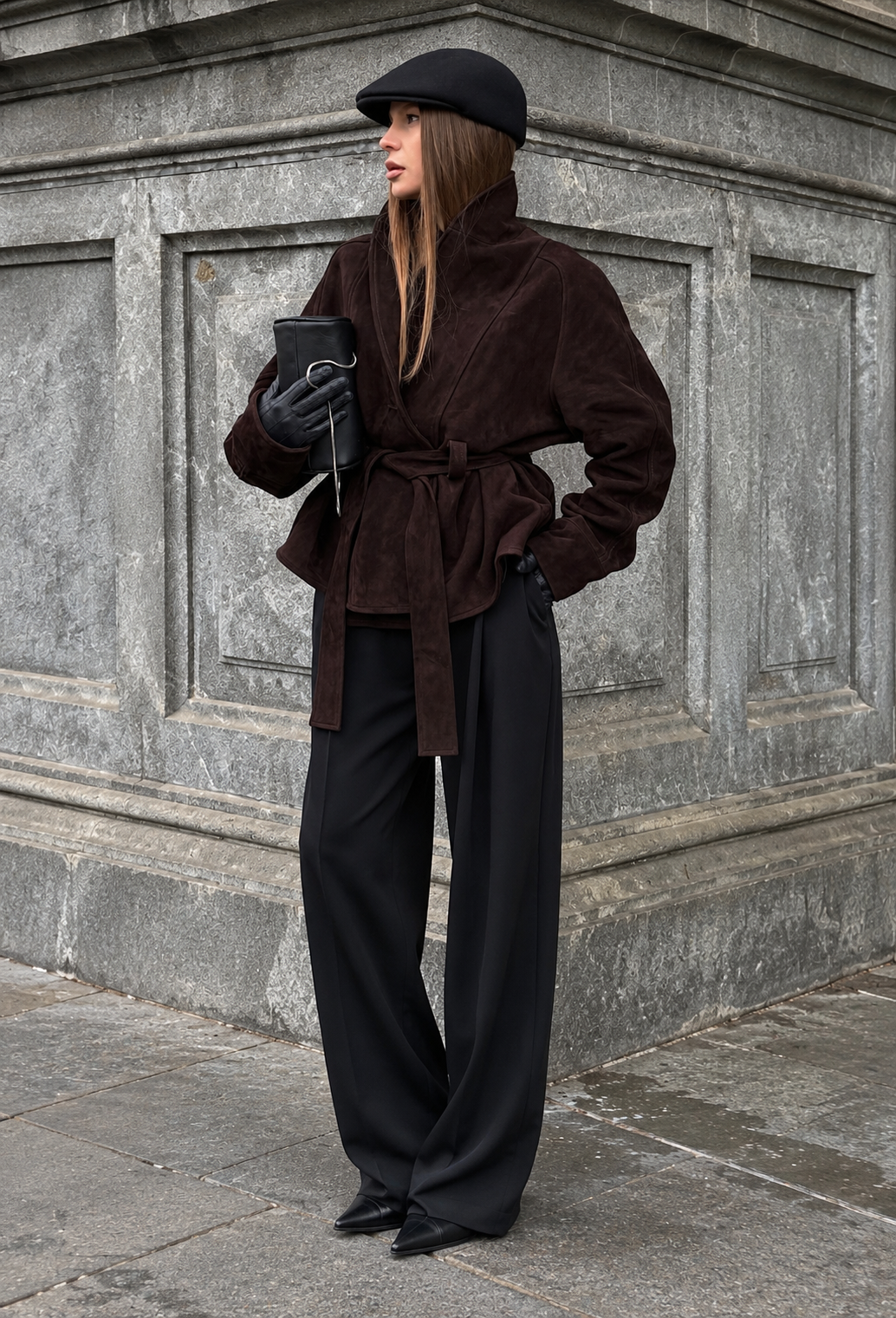 Damen Jacke in Wildleder-Optik mit Gürtel und Stehkragen - Duna