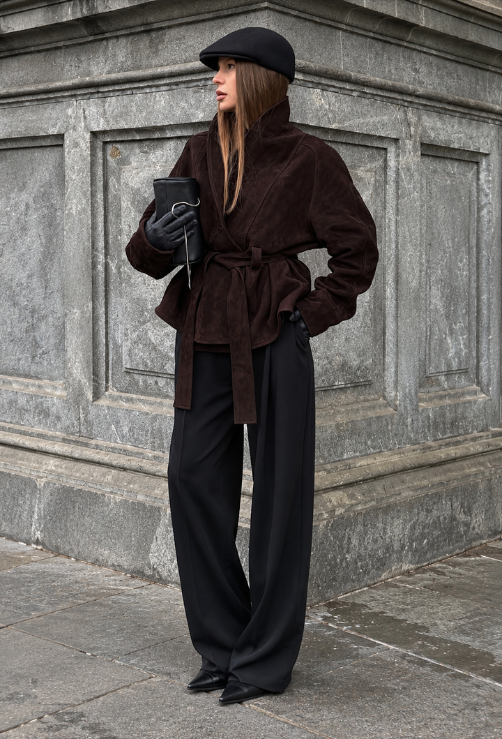 Damen Jacke in Wildleder-Optik mit Gürtel und Stehkragen - Duna