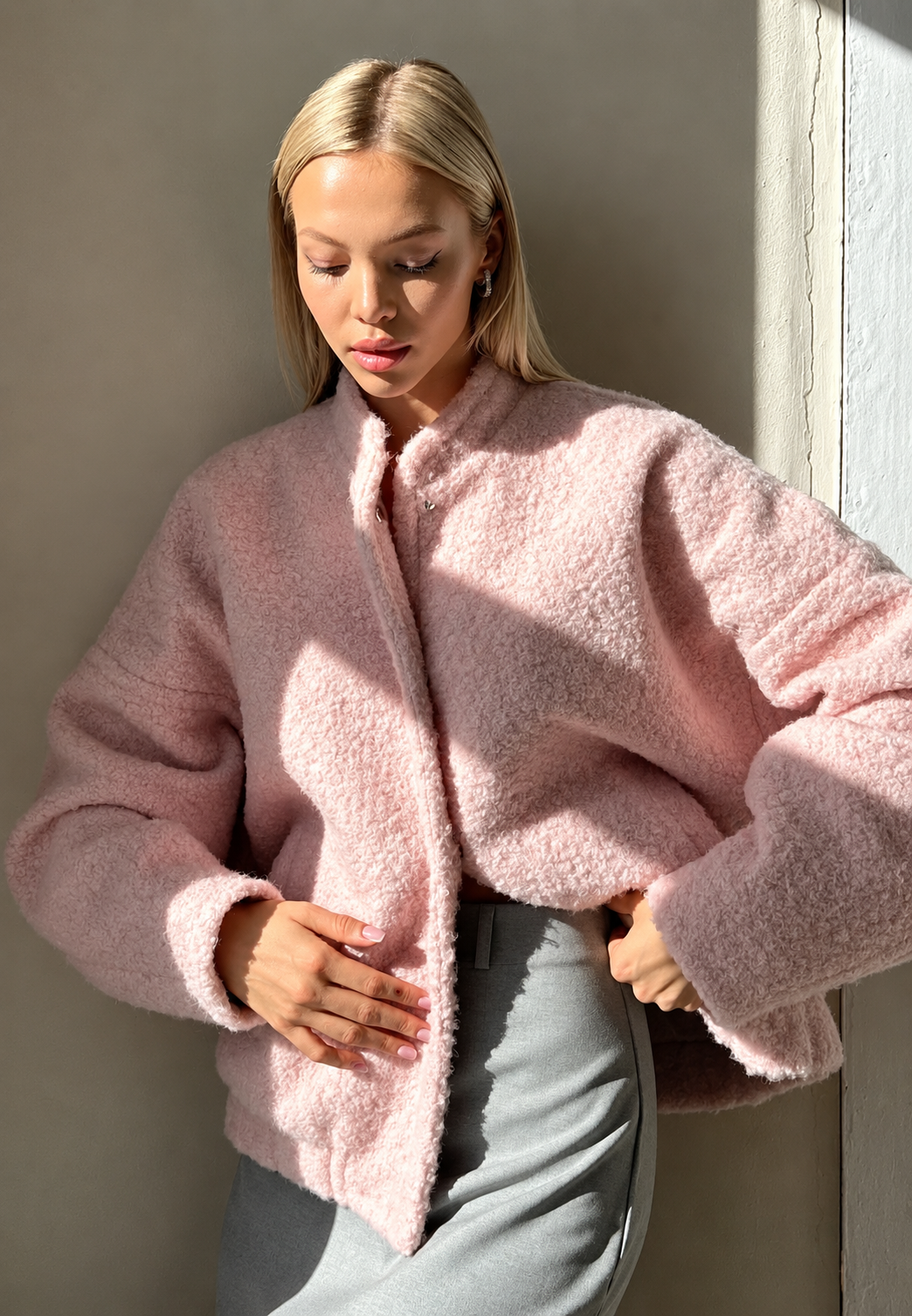 Oversize-Damenjacke in Lammfelloptik mit Stehkragen - Odette
