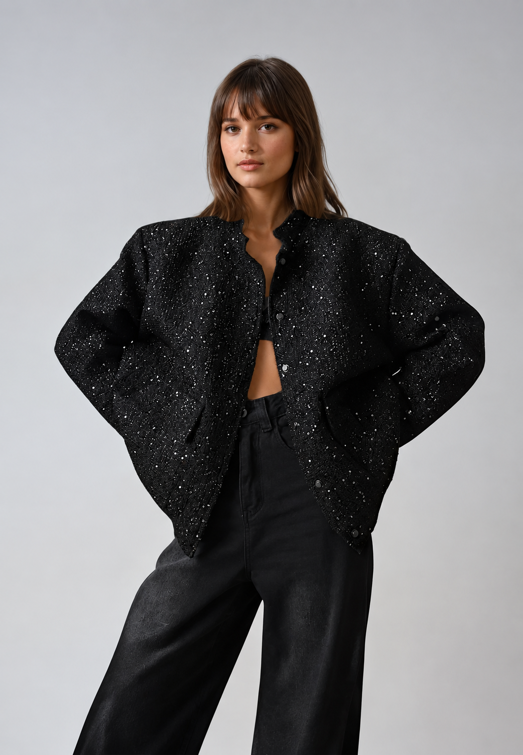 Damenjacke im Tweed-Look mit Pailletten und Rundhalsausschnitt - Mirelle