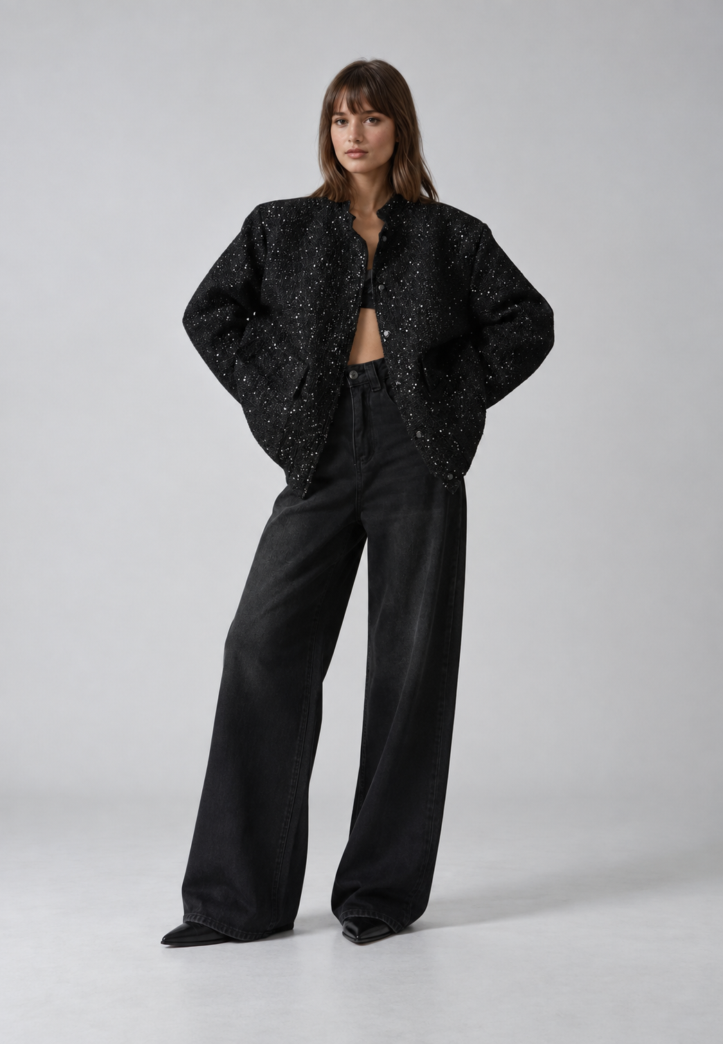 Damenjacke im Tweed-Look mit Pailletten und Rundhalsausschnitt - Mirelle