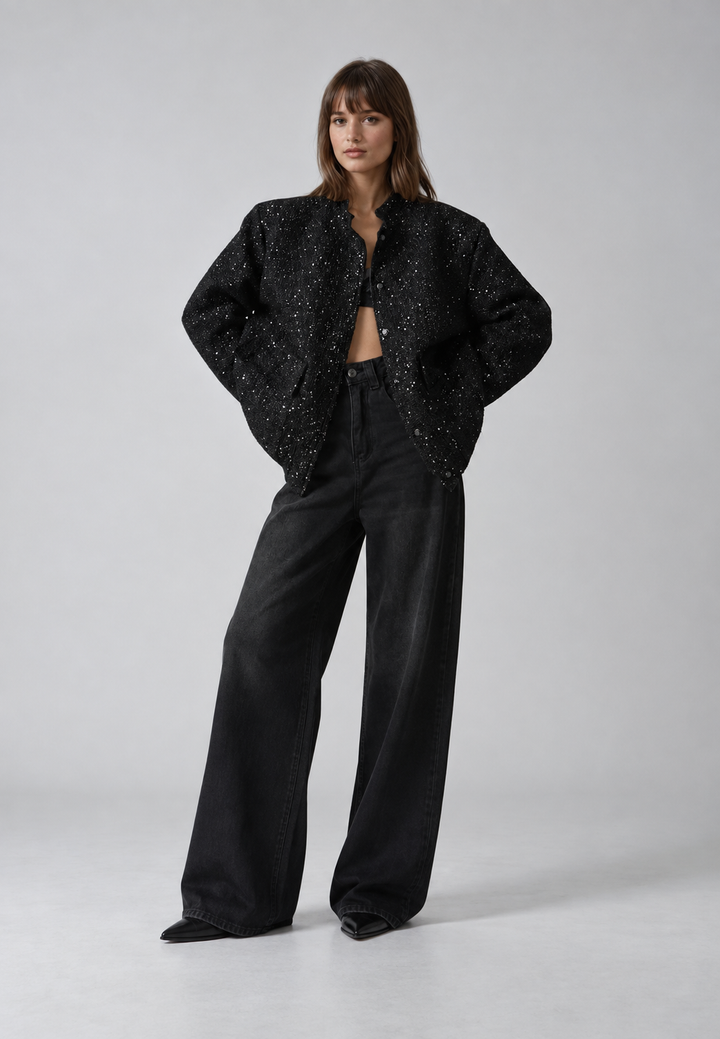 Damenjacke im Tweed-Look mit Pailletten und Rundhalsausschnitt - Mirelle