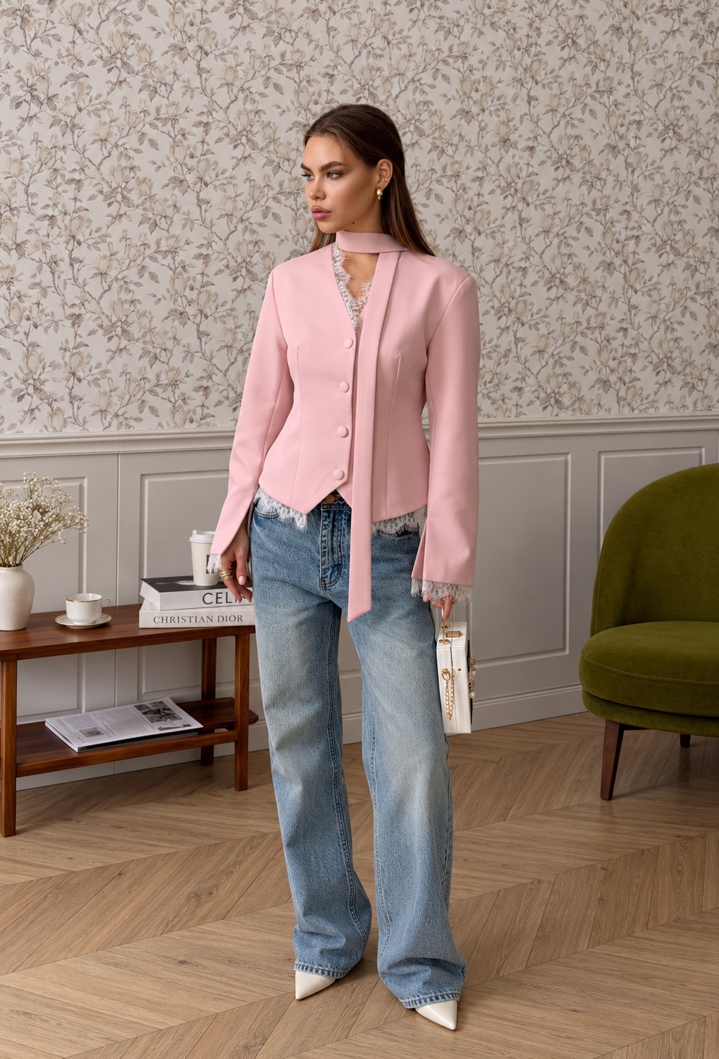 Damen elegante Jacke mit Spitzendetails und Knöpfen - Ayla