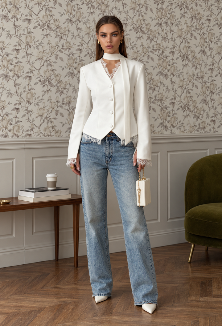 Damen elegante Jacke mit Spitzendetails und Knöpfen - Ayla