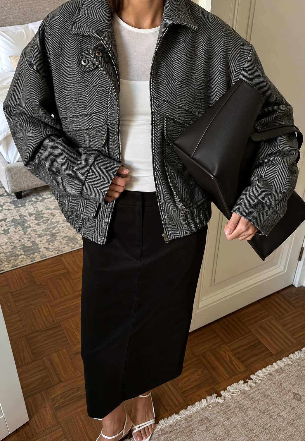 Damen Jacke mit Fischgrätmuster, Stehkragen und Reißverschluss - Saura