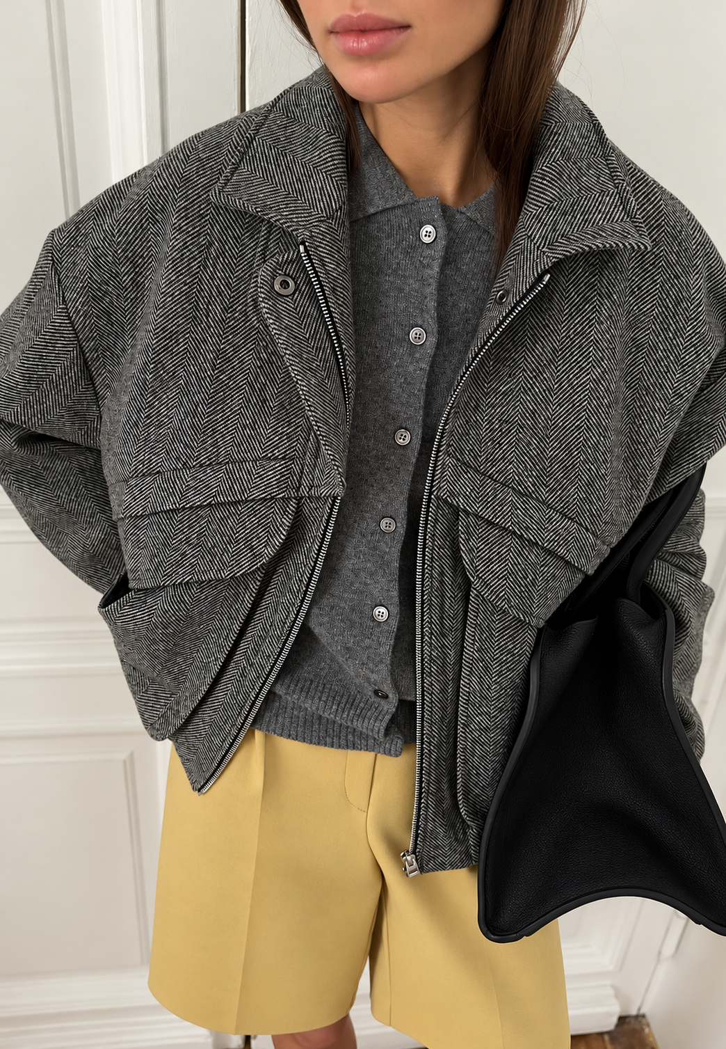 Damen Jacke mit Fischgrätmuster, Stehkragen und Reißverschluss - Saura