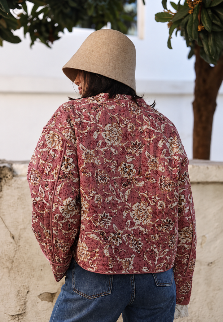 Damen Jacke mit Blumenmuster, Rautensteppung und Besatz - Orsina