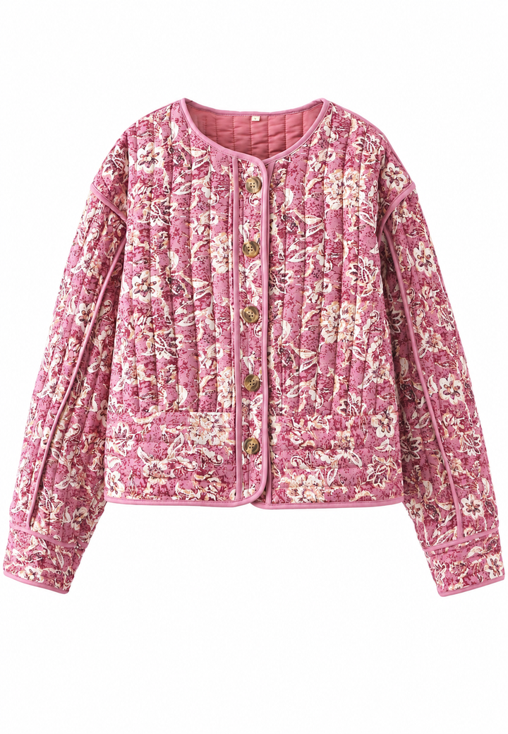 Damen Jacke mit Blumenmuster, Rautensteppung und Besatz - Orsina