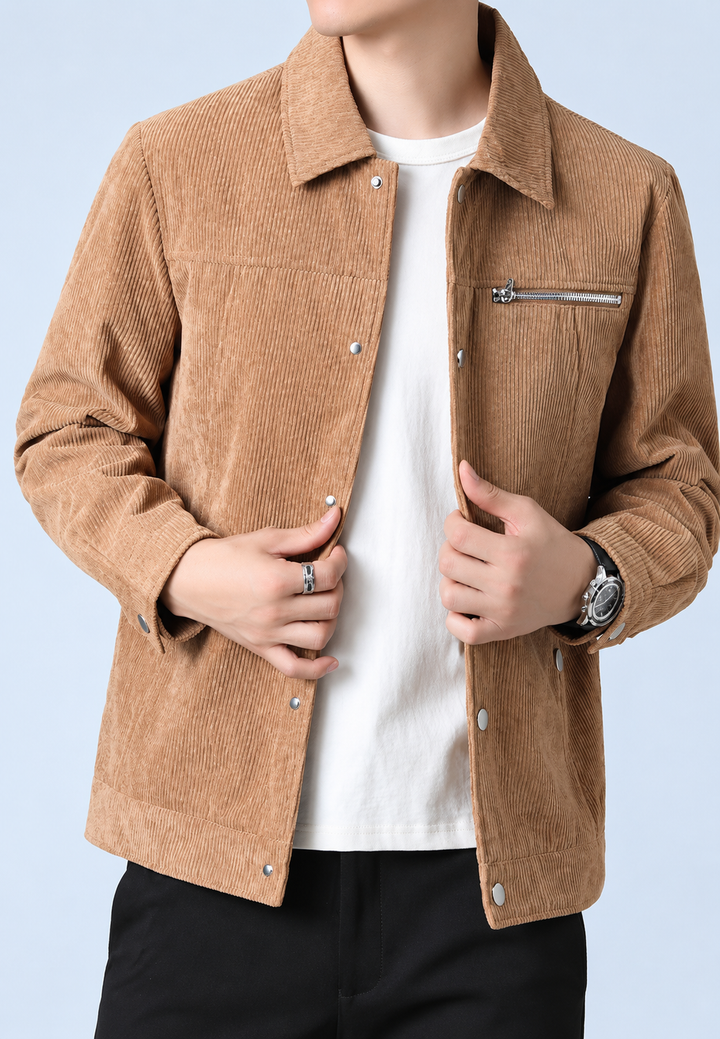 Herren-Cordjacke mit Hemdkragen, Brusttasche und Reißverschluss – Amaury