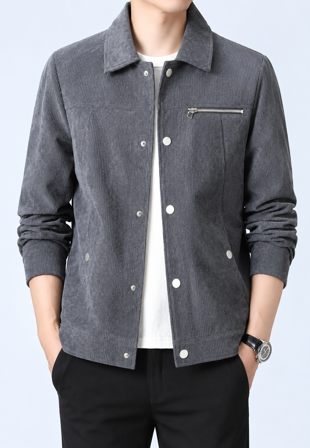 Herren-Cordjacke mit Hemdkragen, Brusttasche und Reißverschluss – Amaury