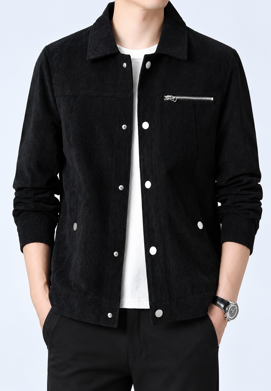 Herren-Cordjacke mit Hemdkragen, Brusttasche und Reißverschluss – Amaury