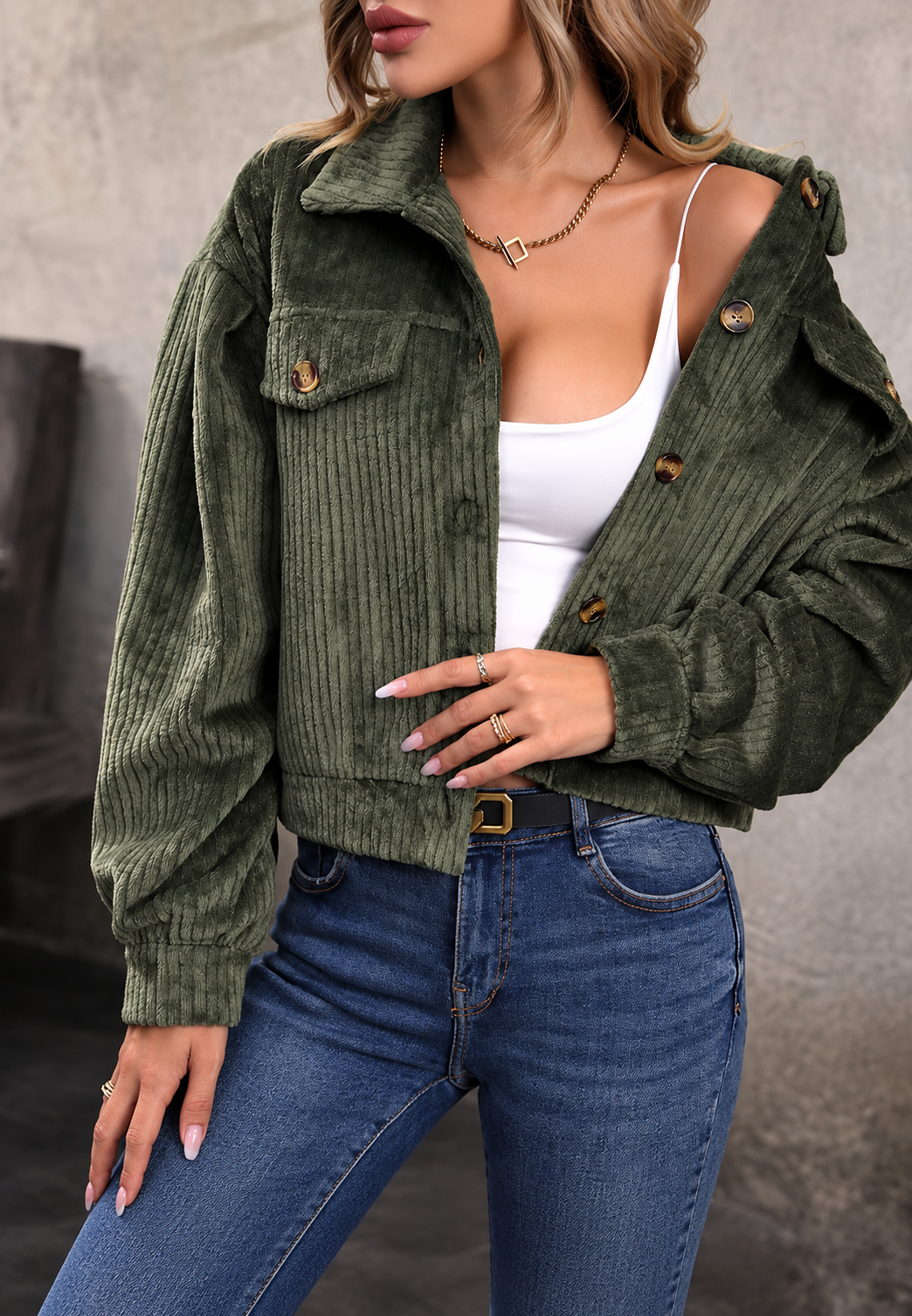 Kurze Damenjacke aus Cord mit Hemdkragen und Pattentaschen – Clémence
