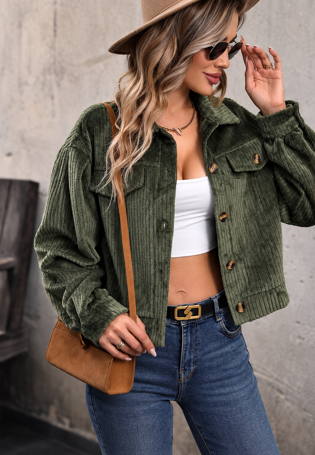 Kurze Damenjacke aus Cord mit Hemdkragen und Pattentaschen – Clémence