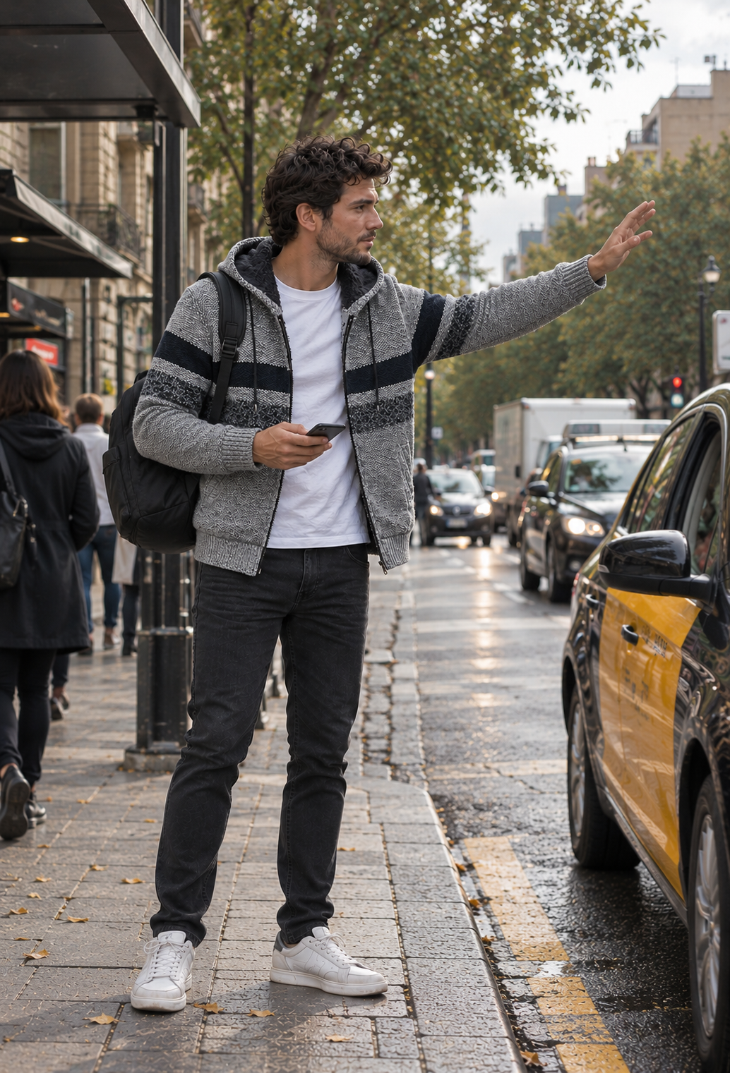 Herren-Strickjacke mit verstellbarer Kapuze, horizontalen Streifen und flauschigem Futter - Rovian