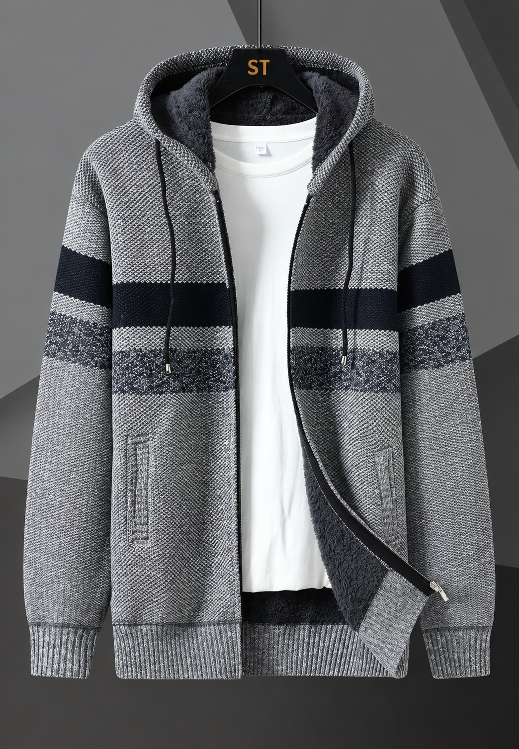 Herren-Strickjacke mit verstellbarer Kapuze, horizontalen Streifen und flauschigem Futter - Rovian