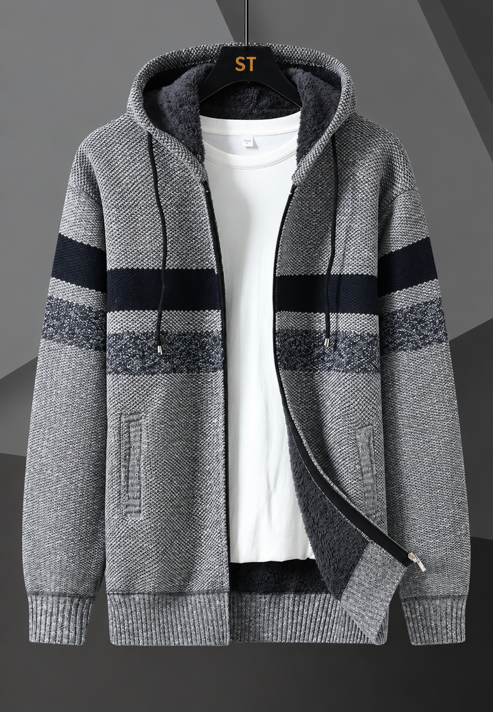Herren-Strickjacke mit verstellbarer Kapuze, horizontalen Streifen und flauschigem Futter - Rovian