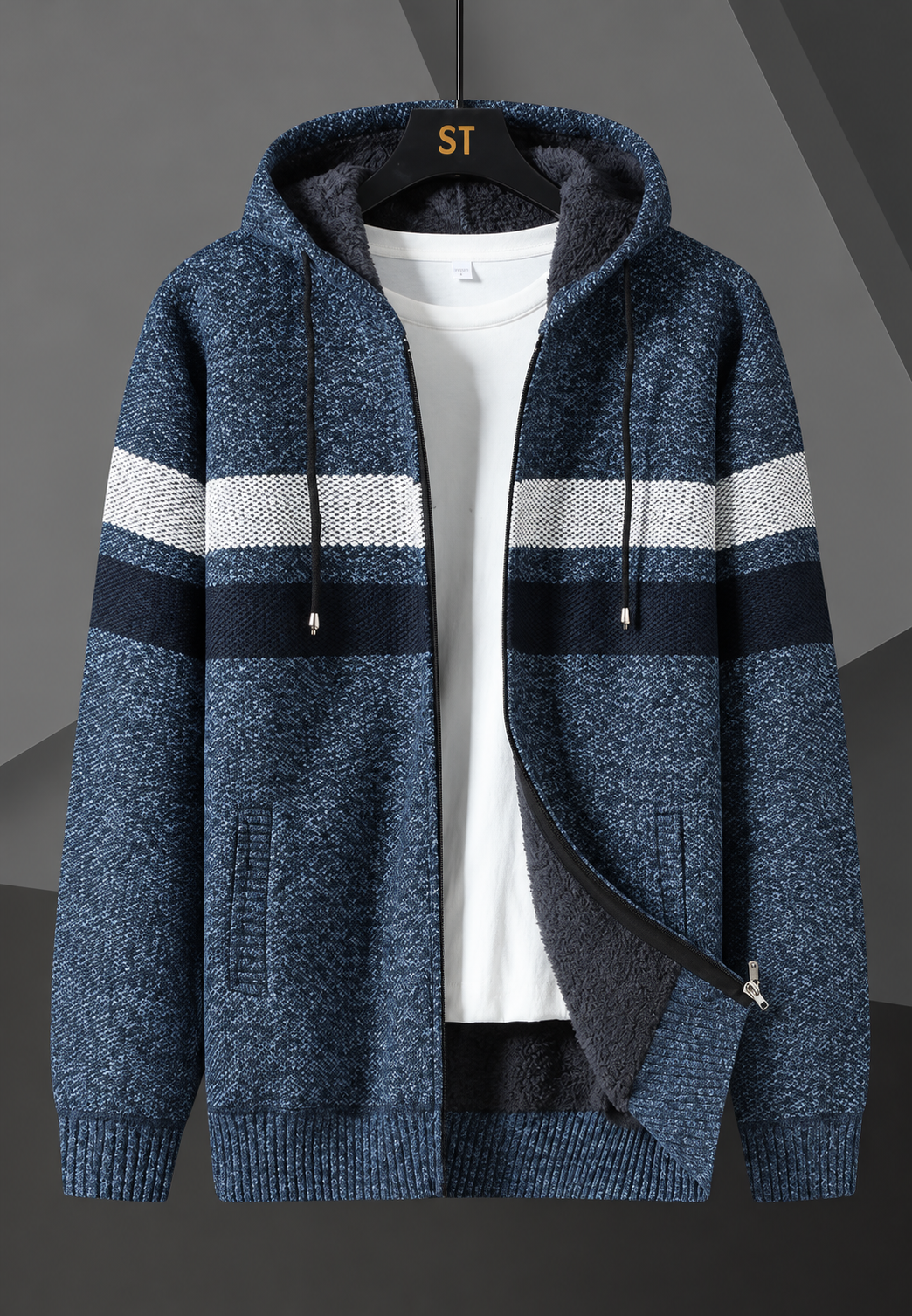 Herren-Strickjacke mit verstellbarer Kapuze, horizontalen Streifen und flauschigem Futter - Rovian