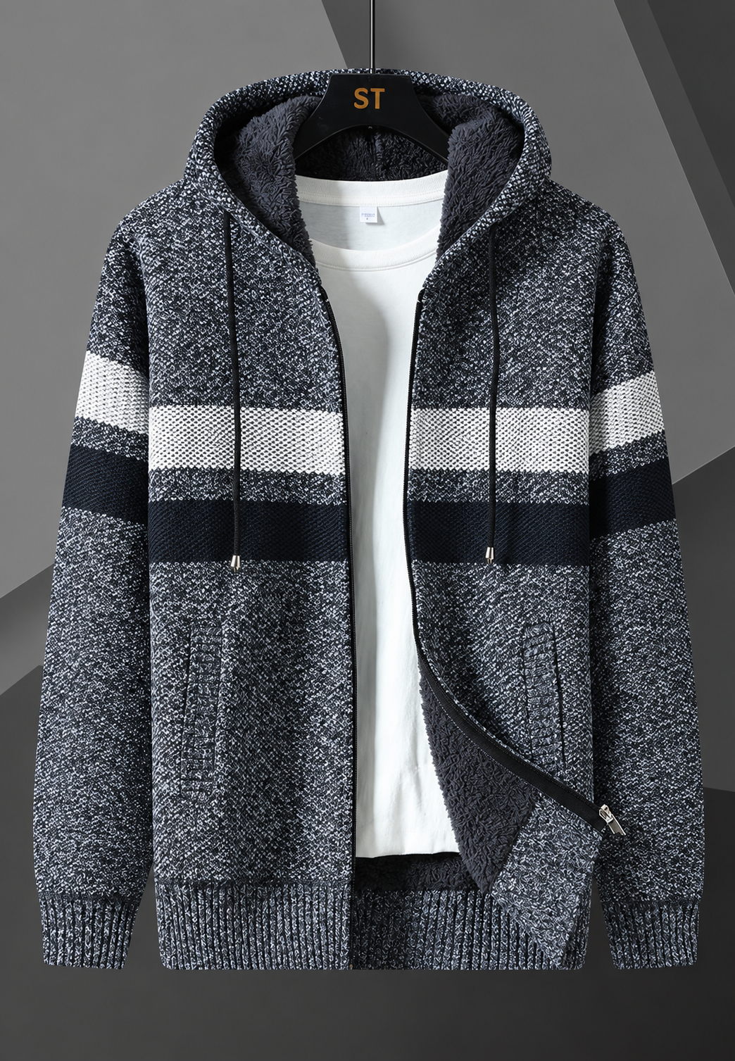 Herren-Strickjacke mit verstellbarer Kapuze, horizontalen Streifen und flauschigem Futter - Rovian