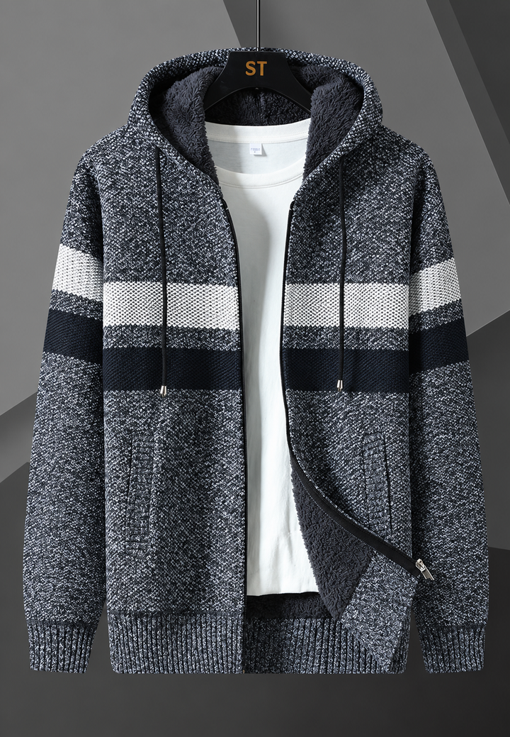 Herren-Strickjacke mit verstellbarer Kapuze, horizontalen Streifen und flauschigem Futter - Rovian