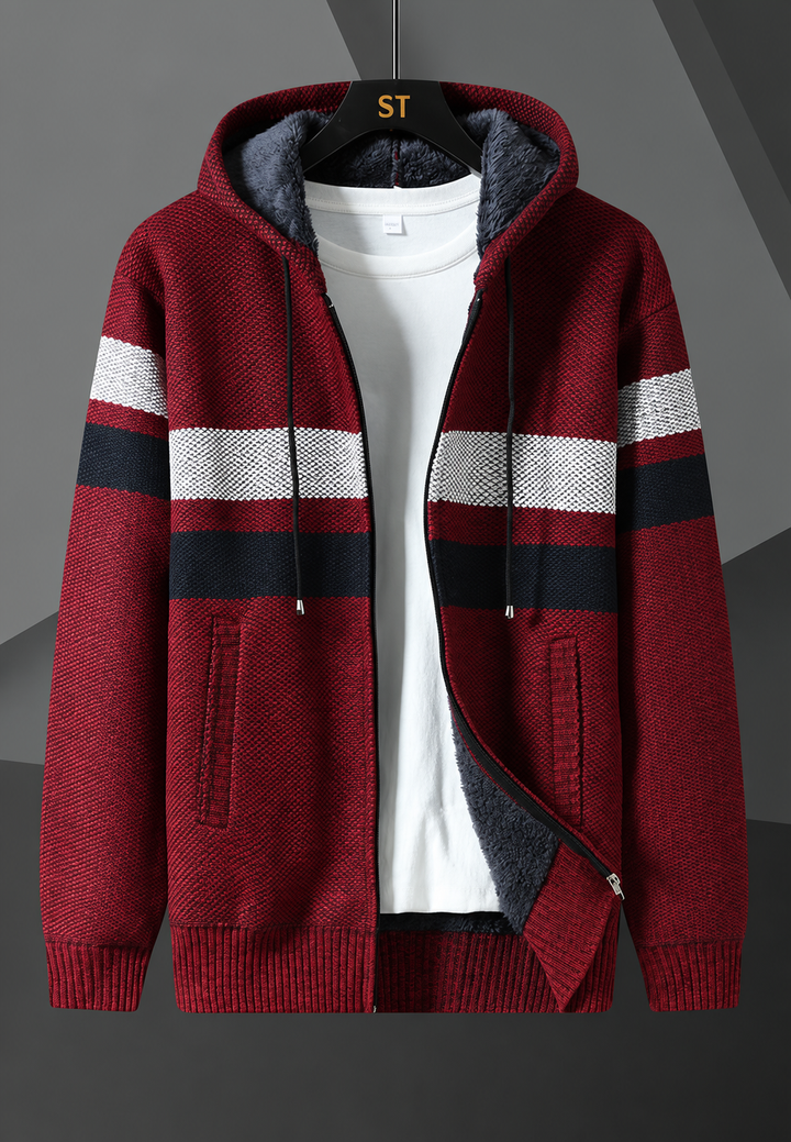 Herren-Strickjacke mit verstellbarer Kapuze, horizontalen Streifen und flauschigem Futter - Rovian