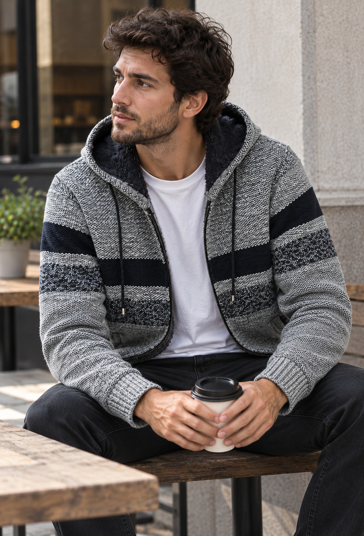 Herren-Strickjacke mit verstellbarer Kapuze, horizontalen Streifen und flauschigem Futter - Rovian