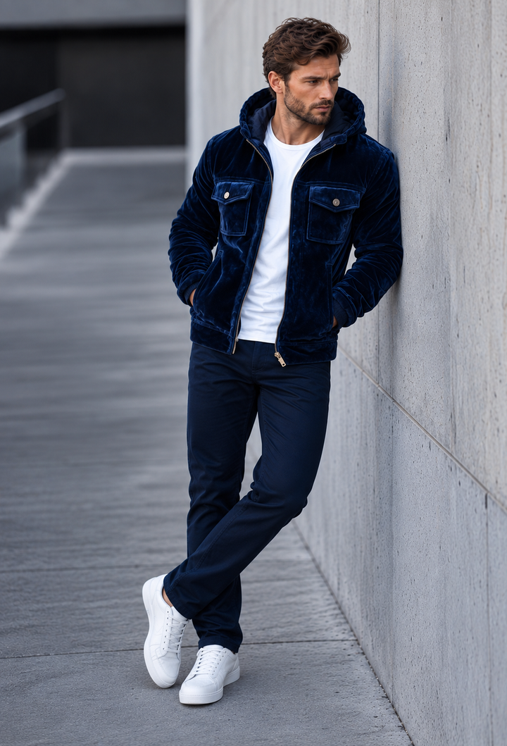 Herrenjacke aus Samt mit Kapuze und Reißverschluss – Loïc