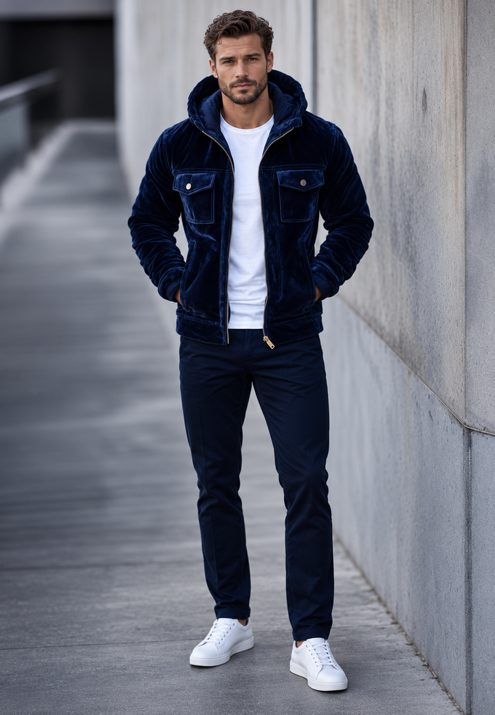 Herrenjacke aus Samt mit Kapuze und Reißverschluss – Loïc