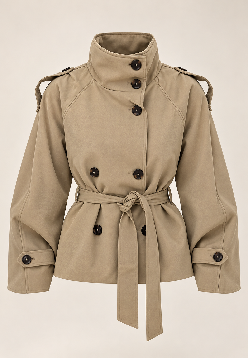 Crop-Trenchcoat für Damen mit hohem Kragen, doppelter Knopfleiste und Gürtel – Nora