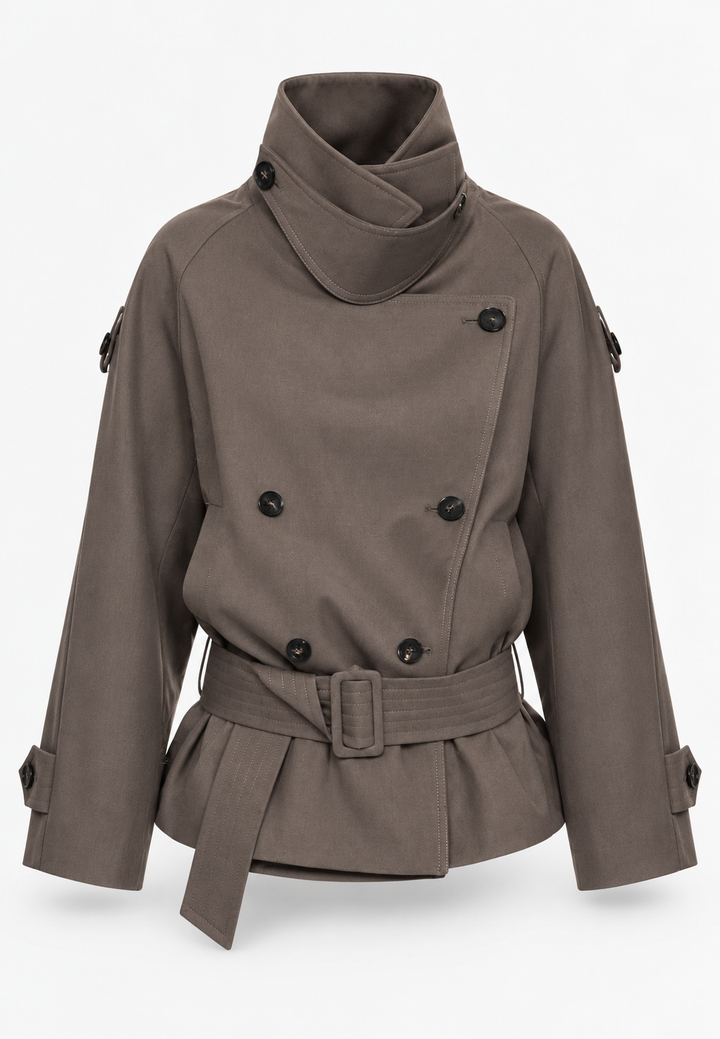 Doppelreihige Damen-Trenchcoat mit asymmetrischem Kragen und Gürtel – Iris