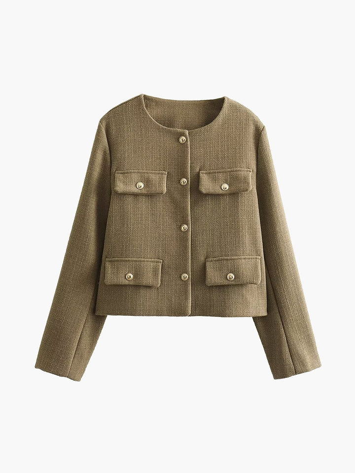 Kurze Tweedjacke für Damen mit goldenen Knöpfen und Rundhalsausschnitt – Miriam